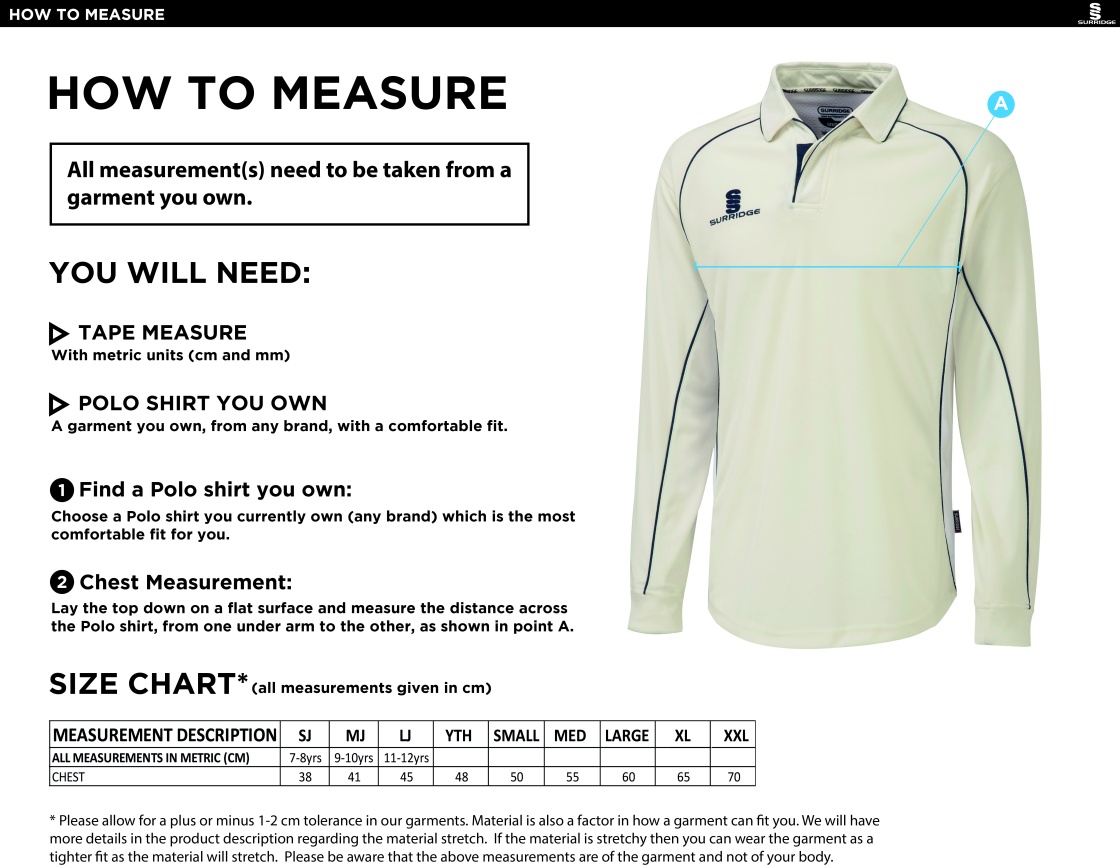 BAC-EE Preston CC Long Sleeved Shirt - Size Guide