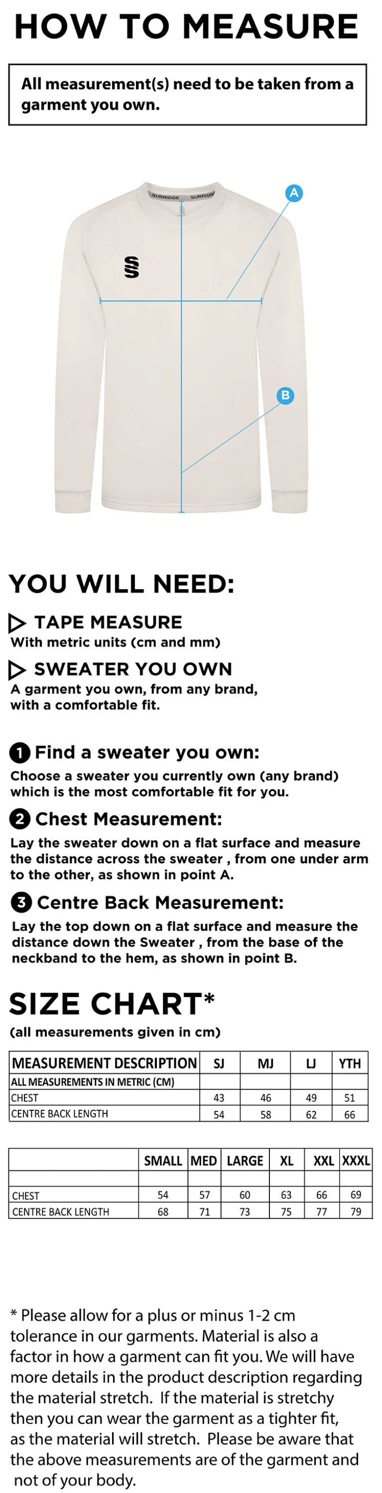 BAC-EE PRESTON CC Blast Long Sleeve Cricket Sweater - Size Guide