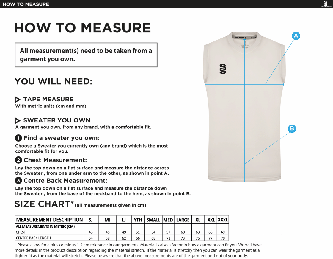 BAC-EE PRESTON CC Blast Sleeveless Cricket Sweater - Size Guide
