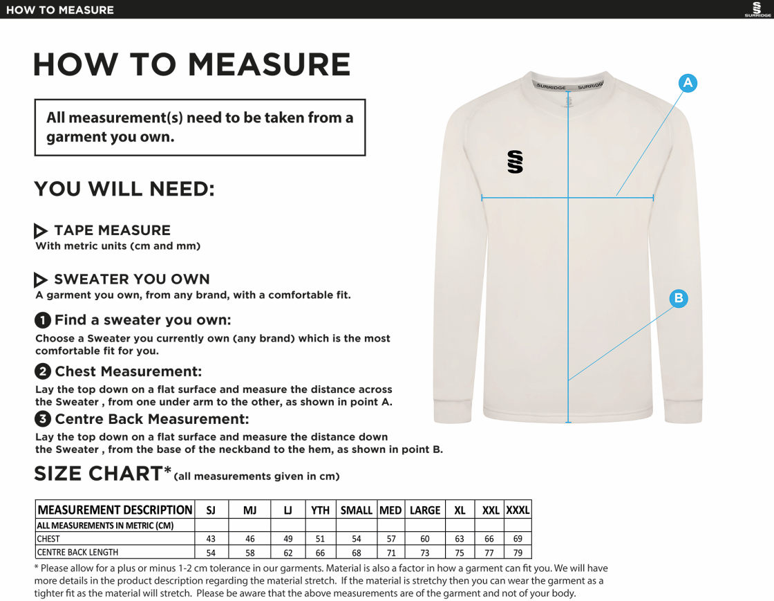 BAC-EE PRESTON CC Blast Long Sleeve Cricket Sweater - Size Guide