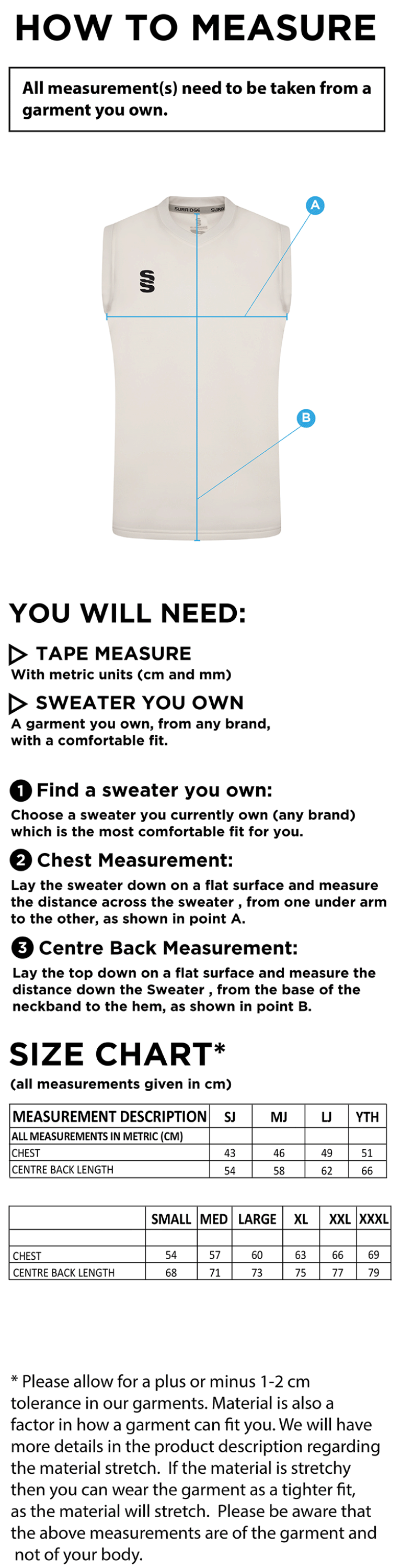 BAC-EE PRESTON CC Blast Sleeveless Cricket Sweater - Size Guide