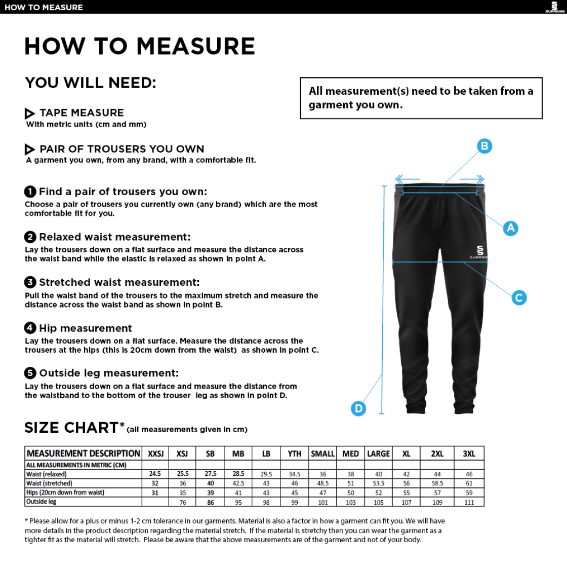 BAC-EE Preston CC Tek Slim Training Pants : Black - Size Guide