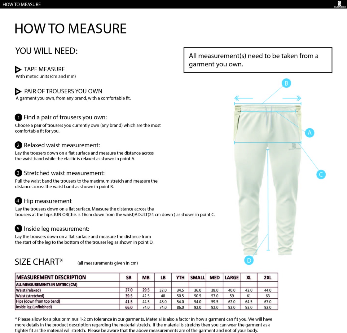 BAC-EE Preston CC Ergo Playing Pant - Size Guide