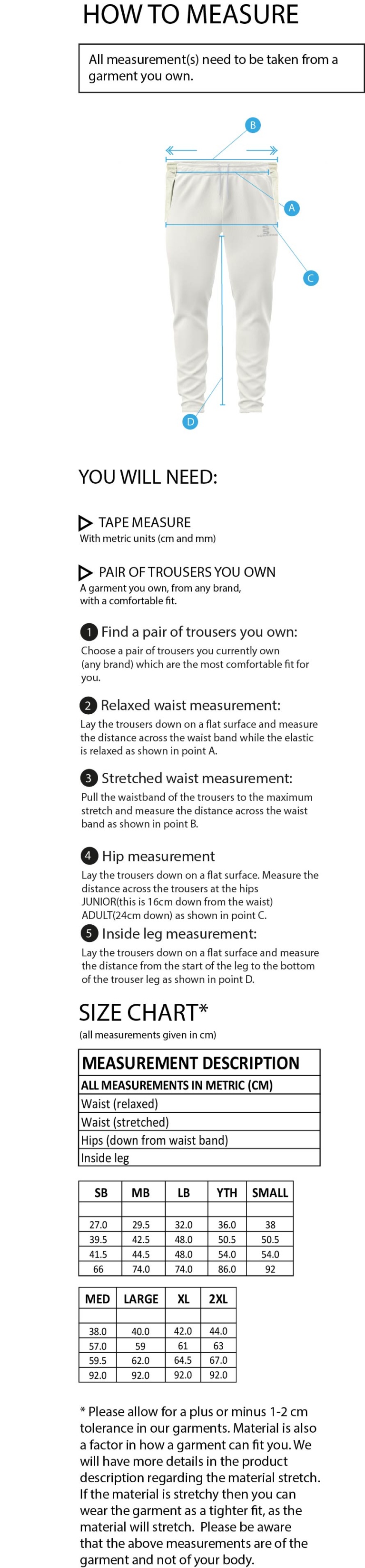 BAC-EE Preston CC Ergo Playing Pant - Size Guide